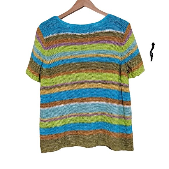 Crazy Horse Shirt Women XL Striped Colorful Artsy Open Knit Rainbow Stretchy - Picture 2 of 8